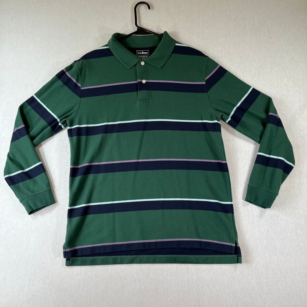 LL Bean Polo Mens M REG Long Sleeve Shirt Medium Green Striped Traditional Fit
